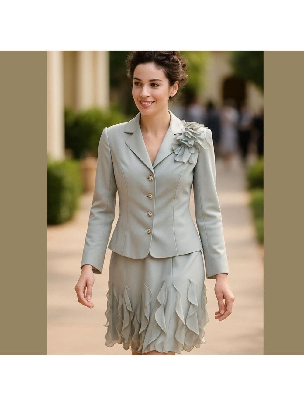 90s 2PC RICKI FREEMAN TERI JON SILK LIGHT GRAY SUIT FITTED JACKET RUFFLE SKIRT 4